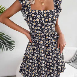 StyleCast Black Floral Printed Square Neck Flutter Sleeve Chiffon Fit & Flare Dress image 4