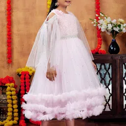 BAESD Girls Emballished Self Design Ruffles Net Gown Dress image 3