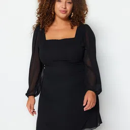Trendyol Plus Size Sqaure Neck Puff Sleeves A-Line Dress image 4