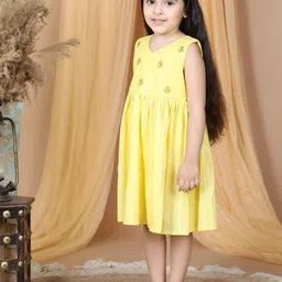 Here&Now X Kinder Kids Embroidered Zari Variegated Striped Cotton Fit & Flare Ethnic Dress image 3