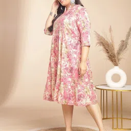 Janasya Floral Printed Plus Size Mandarin Collar Cotton Empire Dress image 4