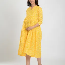 CRAFIQA Floral Printed Mandarin Collar Pure Cotton Maternity Fit & Flare Midi Dress image 2