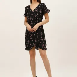 DODO & MOA V Neck Sort Sleeves Floral Print Flutter Sleeve Warp Dress image 3