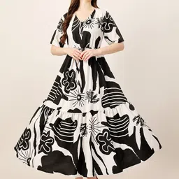 Fashfun V-neck Short Flared Sleeves Abstract Print Fit & Flare Maxi Dress image 5