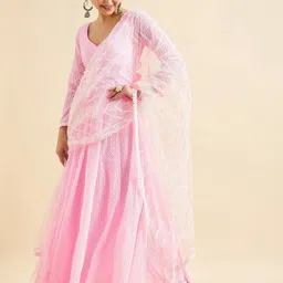 PANIT Chikankari Embroidered Georgette Fit And Flare Maxi Ethnic Dress With Dupatta image 5