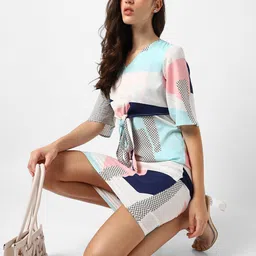 Campus Sutra White & Grey Crepe A-Line Dress image 5