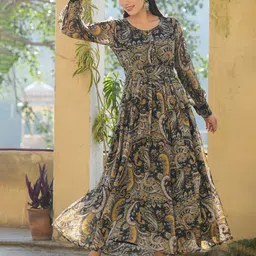 Juniper Black & Mustard Yellow Ethnic Motifs Printed Chiffon Maxi Dress image 5