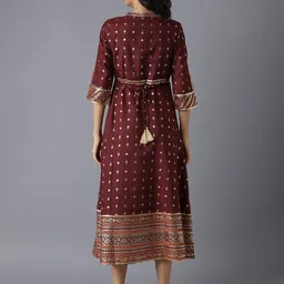 AURELIA Maroon And Gold Ethnic Motifs A-Line Midi Dress image 4