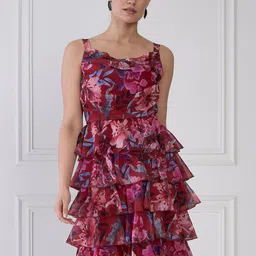 Antheaa Red Floral Print Round Neck Layered Fit & Flare Dress image 5