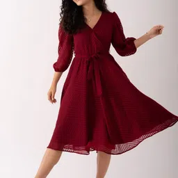 SIDYAL Chevron Self Design Puff Sleeve Georgette Fit and Flare Midi Dress image 5