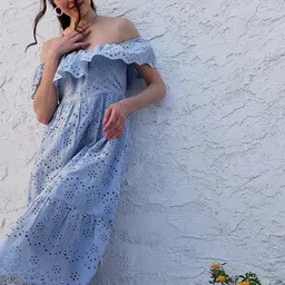 Athena Blue Off-Shoulder Flutter Sleeves Cotton Fit and Flare Dress image 5