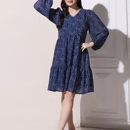 Moda Rapido Women Animal Print Puff Sleeve Georgette A-Line Midi Dress image 2