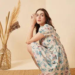 Marie Claire Cream-Coloured & Blue Floral Printed Smocked Fit & Flare Dress image 3