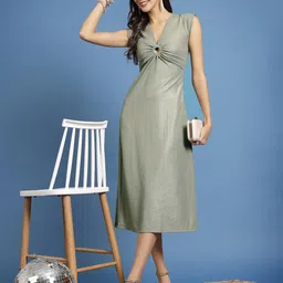 KASSUALLY Sparkle Foil Knitted Grey V-Neck Sleeveless Sheath Midi Dress image 4