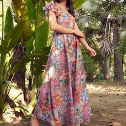 STREET 9 Floral Printed Georgette Flutter Sleeves Maxi Dress image 1