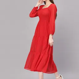 aayu Puff Sleeves Smocked Georgette Tiered Midi A-Line Dress image 3