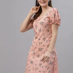 Oomph! Floral Printed Puff Sleeves Fit & Flare Dress image 3
