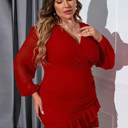 LULU & SKY Plus Size V-Neck Puff Sleeve Wrap Dress image 4
