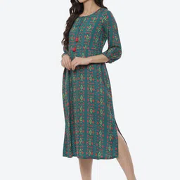 Rangriti Teal Ethnic Motifs A-Line Midi Round Neck Tie Up  Dress image 4