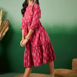 Sangria Ethnic Motifs Printed Frilled Tiered Cotton Ethnic Dress image 4