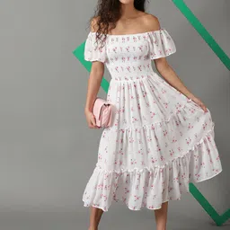 SHOWOFF Floral Printed Off-Shoulder Smocked Tiered Fit & Flare Midi Dress image 5