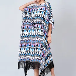 First Resort by Ramola Bachchan Women Blue & Black Geometric Printed Kaftan Midi Dress image 5