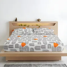 Aurave Grey & White Abstract Microfiber 210 TC Fitted King Bedsheet With 2 Pillow Covers-picture-24