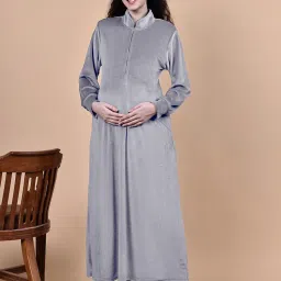 Secret Wish Silver Solid Velvet Winter Maternity Nighty-picture-35