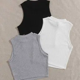 Pack of 3 Casual Sleeveless Solid Women Black, Grey, White Top-image-4