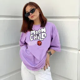 culpi Women Solid Round Neck Cotton Blend Purple T-Shirt-picture-26