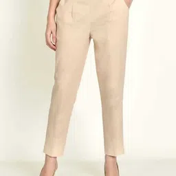 Women Regular Fit Cream Cotton Blend Trousers-image-0