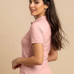 juneberry Women Solid Polo Neck Pure Cotton Pink T-Shirt image 5