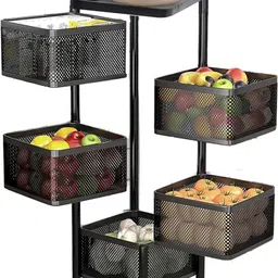 kuber industries 5-Layer Revolving Multipurpose Storage Rack with Wheels | Black Iron Kitchen Trolley image 2