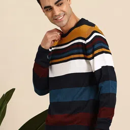 mast & harbour Men Striped Round Neck Blue Sweater image 4