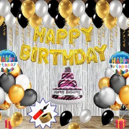 party station Solid Birthday Decoration Combo Pack of 65 pcs - 1 set of Golden Happy Birthday Foil Balloon + 45 pcs of Black, Silver & Golden Metallic Balloons + 2 Silver Shimmer/Curtain + 2 pcs of Round Happy Birthday Foil Balloon + 1 pc of Big Cake Foil Balloon + 1 Air pump & Golden Curling Ribbon Balloon-picture-22