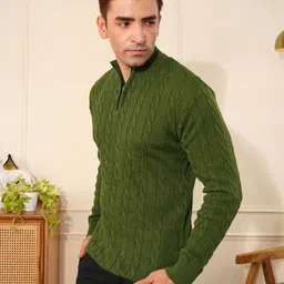 kvetoo Men Self Design Mandarin Neck Green Sweater image 4