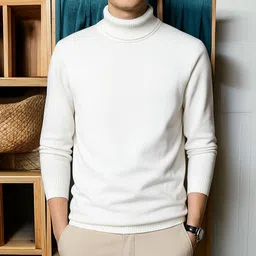 t-40 Men Striped High Neck White Sweater image 1