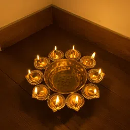 d4decor Gold Flower Decorative Urli with 10 Diyas Urli Bowl for Diwali Decoration Iron Table Diya image 2