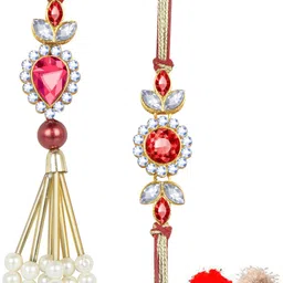 kaameri bazaar Bhaiya Bhabhi BB Rakhi Red Kundan Rakhi, Lumba, Chawal Roli Pack Set-picture-23