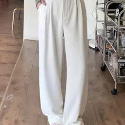 Women Relaxed White Cotton Blend Trousers-image-18