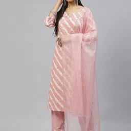 Divena Women Pink Leheriya Printed Gotta Patti Pure Cotton Kurta with Trousers & With Dupatta image 1