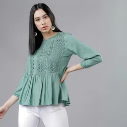 tokyo talkies Casual Regular Sleeves Embroidered Women Green Top-picture-13