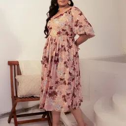 Janasya Plus Size Georgette Floral Fit & Flare Dress image 5