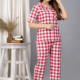 ameerah Women Shirt & Pyjama set Red Checkered image 4