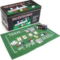 how(house of wishes) Texas Holdem Poker Game Set Includes 2 Card, Decks Holder and Tin Storage Box image 1