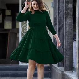 fashonia Women Fit and Flare Dark Green Knee Length Dress-picture-28