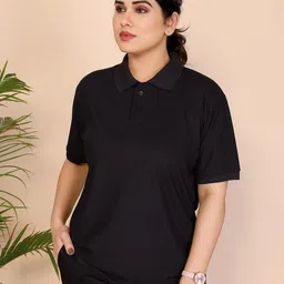 Women Solid Polo Neck Cotton Blend Black T-Shirt-image-3