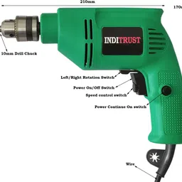 inditrust 6month Warranty Reversible Electric drill machine Variable speed with 13pc Hss bit 5pc Masonry 2pc Ph2 bit 20pc screw & Gitti set Hammer Drill image 3