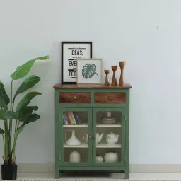 woodsworth from pepperfry Noyes Mango Wood Cabinet In Green Colour With Drawers image 1