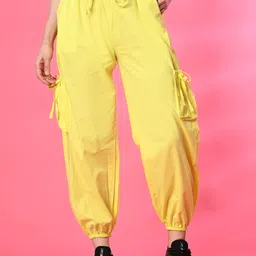 funday fashion Women Regular Fit Yellow Cotton Blend Trousers-picture-22